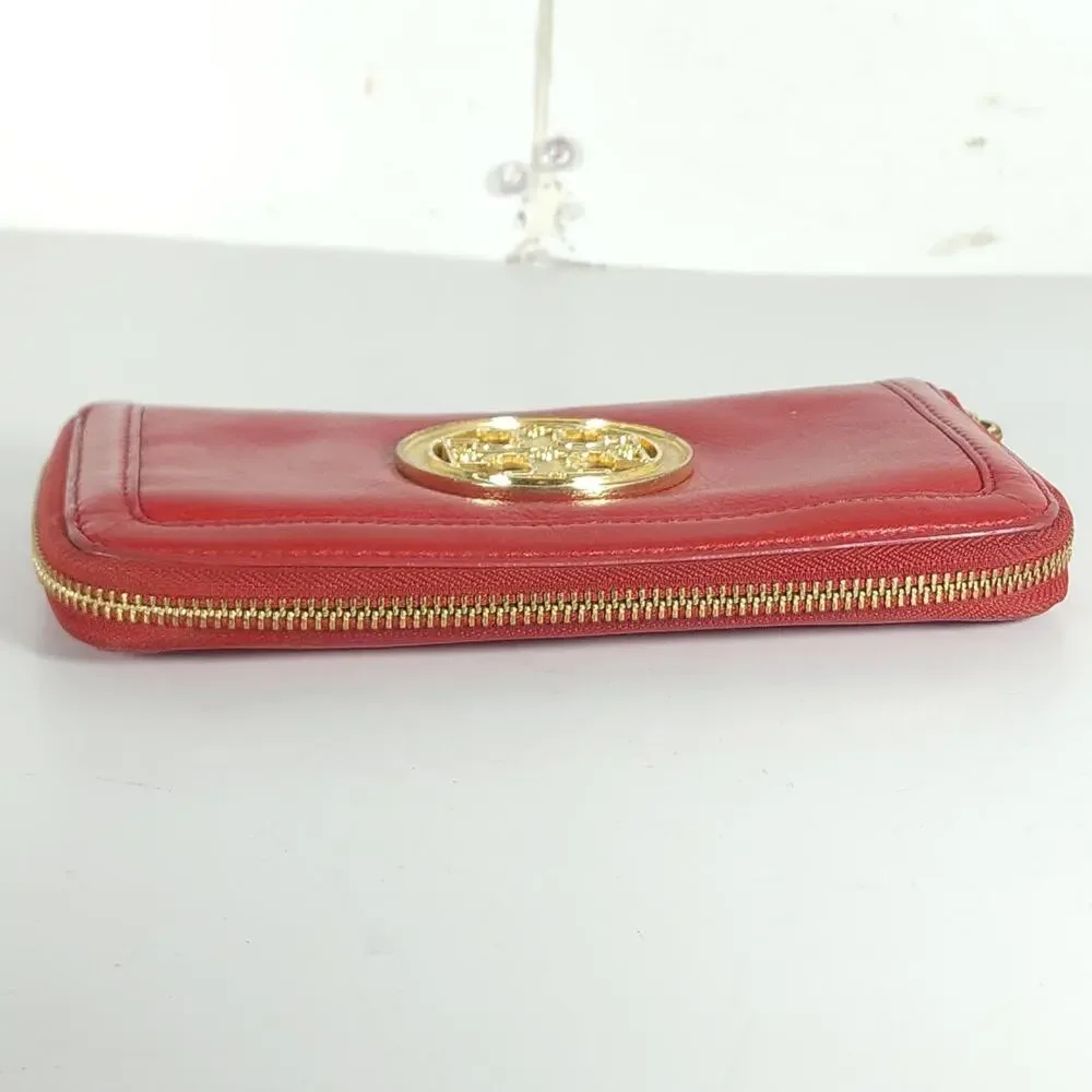 Tory Burch Amanda Red Pebbled Leather Gold Logo Zip Continental Wallet